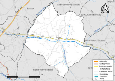 Carte en couleur présentant le réseau hydrographique de la commune