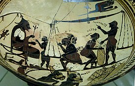Царь Аркесилай I наблюдает за заготовкой сильфия. Рисунок на чаше килик из Лаконии, датируемой 560—550 гг. до н. э.