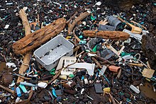 The Great Pacific garbage patch causes vast quantities of trash to wash ashore at the south end of Hawaii. Beach trash (30870156434).jpg