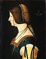 Первая «Прекрасная Ферроньера»: Бернардино дей Конти или Амброджо де Предис. «Портрет молодой женщины, предположительно Бьянки Марии Сфорца», Лувр. Его копия хранится в Венском музее истории искусств.