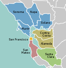 A map of the Bay Area and its sub-regions, divided by counties:
North Bay
San Francisco
San Francisco Peninsula
South Bay / Santa Clara Valley
East Bay California Bay Area county map (zoom&color).svg