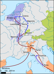 The Spanish Road; Purple: Spanish dependencies; Green: Ruled by Austria; Orange: Ruled by Spain CaminoEspanol.svg
