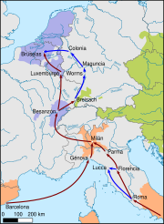 The Spanish Road
Purple: Spanish dependencies
Green: Ruled by Austria
Brown: Ruled by Spain CaminoEspanol.svg