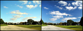 The effects of a polarizing filter (right image) on the sky in a photograph CircularPolarizer.jpg