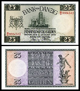 Twenty-five Danzig gulden, by the Free City of Danzig