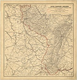 Carte d'Alsace-Lorraine de 1887, région constituant alors le Reichsland Elsaß-Lothringen. Ce territoire avait été cédé à l'Allemagne par la France à l'issue de la guerre de 1870, à partir du département du Bas-Rhin, de la plus grande partie du Haut-Rhin et de la Moselle de l'époque, ainsi que d'une partie moindre de la Meurthe et des Vosges. (définition réelle 7 473 × 7 773)