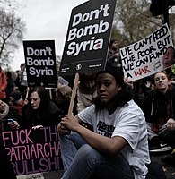 Protestors at a "Don't bomb Syria" protest in London in November 2015 Don't bomb Syria demonstrators in London in November 2015.jpg