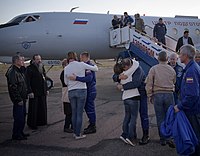 Посрещане на екипажа след завръщането си в Байконур