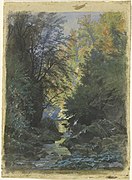 Un ruisseau à travers une forêt dense (1884) watercolour.