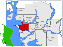 Lokasi Vancouver dalam wilayah Metro Vancouver, British Coloumbia, Kanada.