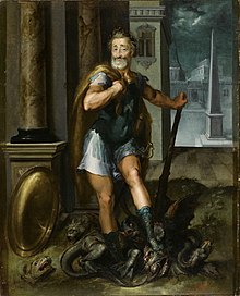 Henry IV, as Hercules vanquishing the Lernaean Hydra (i.e. the Catholic League), by Toussaint Dubreuil, circa 1600. Louvre Museum. Henry IV en Herculeus terrassant l Hydre de Lerne cad La ligue Catholique Atelier Toussaint Dubreuil circa 1600.jpg