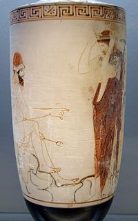 Hermes Psychopompos sits on a rock, preparing to lead a dead soul to the underworld. Attic white-ground lekythos, ca. 450 BC, Staatliche Antikensammlungen (Inv. 2797) Hermes Psykhopompos Staatliche Antikensammlungen 2797 n2.jpg