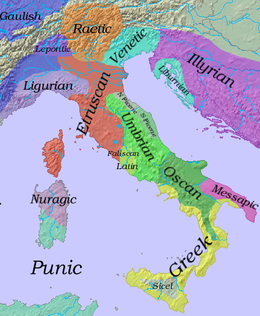Approximate distribution of languages in Iron Age Italy during the sixth century BC. Iron Age Italy.png