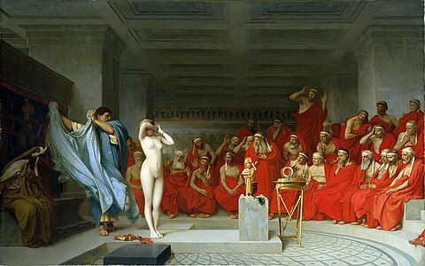 Jean-Léon Gérôme, 1861, Phryné devant l'aréopage, Kunsthalle de Hambourg. Le modèle, Christine Roux, était elle-même une courtisane.