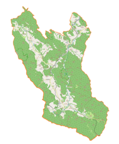 Mapa konturowa gminy Komańcza, u góry nieco na prawo znajduje się punkt z opisem „Wysoczany”