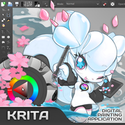 image présentant le logiciel Krita, avec la mascotte tenant un crayon de tablette numérique, et l'interface du logiciel en fond