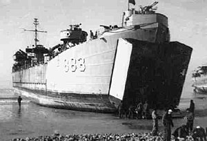 LST-883 beached, at Taeyanpyong, Korea, c. 1953