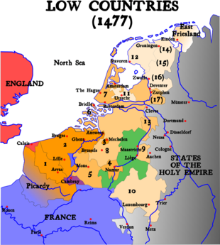 Map of the Low Countries in 1477 Map Burgundian Netherlands 1477-en.png