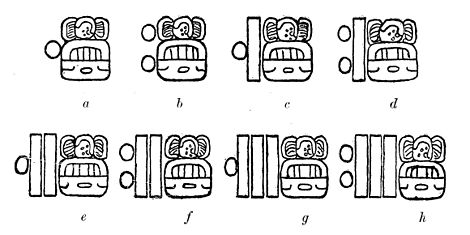 Fig. 42. Examples showing the way in which the numerals 1, 2, 6, 7, 11, 12, 16, and 17 are not used with period, day, or month signs.