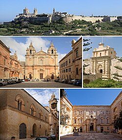 From top: Skyline, Cathedral, Main Gate, Palazzo Santa Sofia, Palazzo Vilhena