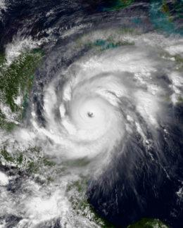 Satellite image of Hurricane Mitch over the Western Caribbean Sea with a large and well defined eye.