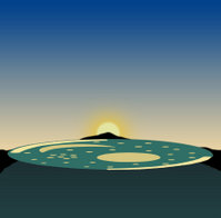 Sommersonnenwende: Durch Ausrichtung vom Mittelberg zum Brocken wird die Scheibe justiert. Dargestellt ist der Sonnenuntergang.
