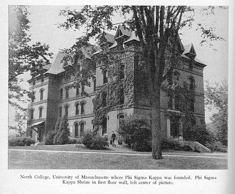 Old North College, the dorm and classroom building where Phi Sigma Kappa was founded on March 15, 1873. "The Shrine," a memorial to Clark and the other five Founders, is visible adjacent to the front doorway.