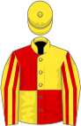 Yellow and red (quartered), striped sleeves, yellow cap