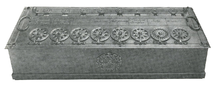 Pascaline made for French currency which once belonged to Louis Perrier, Pascal's nephew. The least significant denominations, sols and deniers, are on the right Pascaline calculator front.png