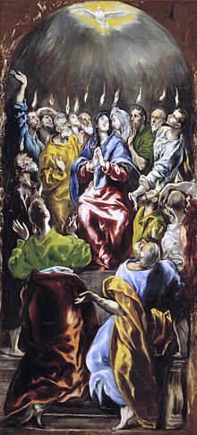 El Greco's depiction of Pentecost, with tongues of fire and a dove representing the Holy Spirit's descent (c. 1600) Pentecostes (El Greco, 1597).jpg