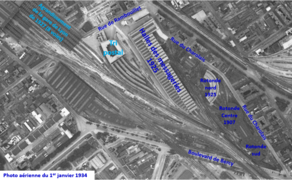 Photo aérienne du dépôt de Charolais et des halles de messageries en1934.