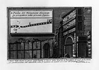 Gravure de Piranèse représentant la Porta Tiburtina. L'attique dissimule trois canaux superposés, de bas en haut : l'Aqua Marcia, l'Aqua Tepula et l'Aqua Iulia.