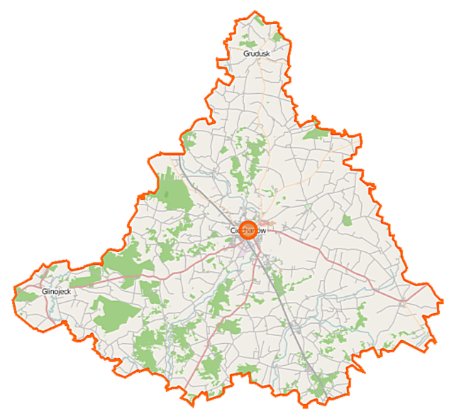 Mapa konturowa powiatu ciechanowskiego, w centrum znajduje się punkt z opisem „Ciechanów”