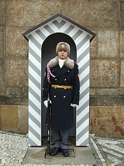 Un garde en uniforme d'hiver devant sa guérite à l'extérieur du château de Prague. (définition réelle 1 831 × 2 242)