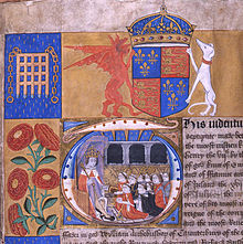 Detail from a document connected with the foundation of Henry VII's chantry and almshouses at Westminster. The King sits in the Star Chamber and receives the Archbishop of Canterbury William Warham, the Bishop of Winchester Richard Foxe, clergymen from Westminster Abbey and St. Paul's Cathedral, and the Lord Mayor of London Royal Charity Performance.jpg