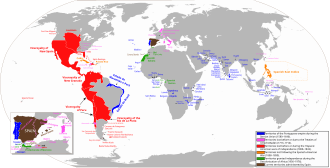 The areas of the world that at one time were territories of the Spanish Empire Spanish Empire Anachronous en.svg