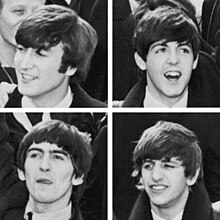 Montage présentant des vignettes des quatre Beatles.