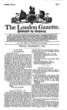 The London Gazette, "Published By Authority" (of the Stationers' Company) on 3 December 1909 The London Gazette 28314.pdf