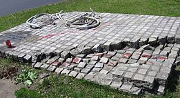 A memorial depicting a destroyed bicycle and a tank-track - symbol of the Hyde Park protests - in the Russian city of Moscow