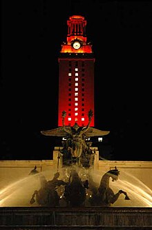 The Tower, completed in 1937, stands 307 ft (94 m) tall and dons different colors of lighting on special occasions. UT-Tower-in-Orange.jpg