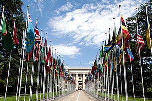 In 2012 alone, the Palace of Nations in Geneva, Switzerland, hosted more than 10,000 intergovernmental meetings. The city hosts the highest number of international organizations in the world. United Nations Flags - cropped.jpg
