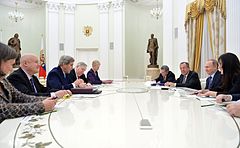 Putin meets with Secretary of State John Kerry, Victoria Nuland and John F. Tefft to discuss Ukraine and other issues in December 2015. Vladimir Putin and John Kerry (2015-12-15) 02.jpg