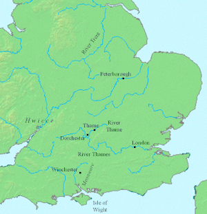A map of southern England, showing locations mentioned in early sources about Wulfhere. The exact location of Ashdown is unknown, but it was somewhere on the Berkshire Downs, south of Thame. Wulfhere map.gif