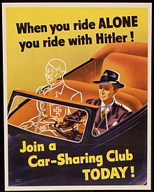 A poster that was used to encourage Americans to car-share in order to conserve oil for the US during World War II. "WHEN YOU RIDE ALONE YOU RIDE WITH HITLER". "JOIN A CAR-SHARING CLUB TODAY". - NARA - 516143.jpg