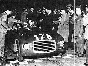 Bruno Sterzi (owner) and Ferdinando Righetti (Ferrari mechanic) drove this 1948 Ferrari 166 S Allemano Spyder s/n 001S at Mille Miglia endurance race in Italia on 2 May 1948. They had entry #178 but did not finish