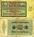 A Deutsche Rentenbank 5 járadékmárkás (Rentenmark) bankjegye 1923-ból.