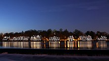 Historic Boathouse Row at night on the Schuylkill River, a symbol of the city's rich rowing history A358, Philadelphia, Pennsylvania, USA, Boathouse Row at night, 2009.JPG