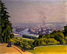 Peinture représentant une terrasse herbeuse devant des arbres, surplombant un fleuve et des maisons ou des bâtiments industriels, avec fumée