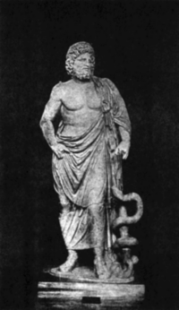 Statue of Asclepius with his symbol, the serpent-entwined staff