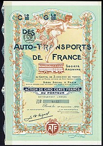 Compagnie générale des Auto-Transports de France, action en date du 1er septembre 1921.